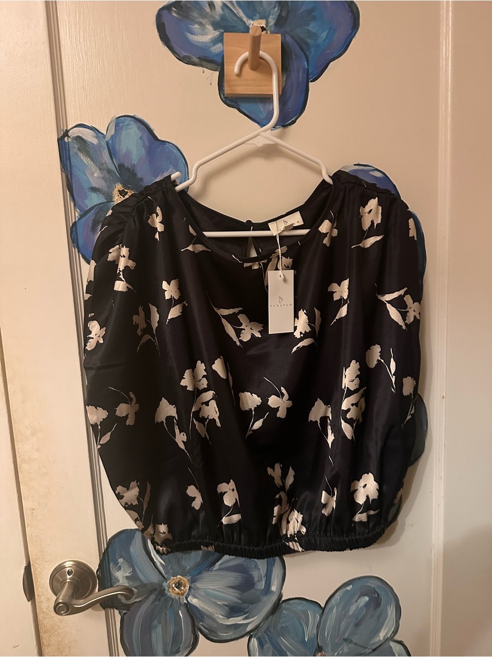 Black Floral Satin Puff-Sleeve Top - NWT